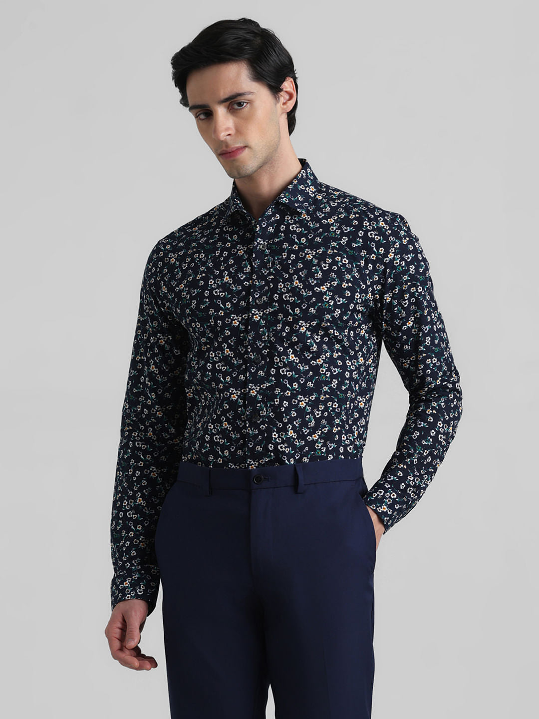 Dark Blue Floral Full Sleeves Shirt
