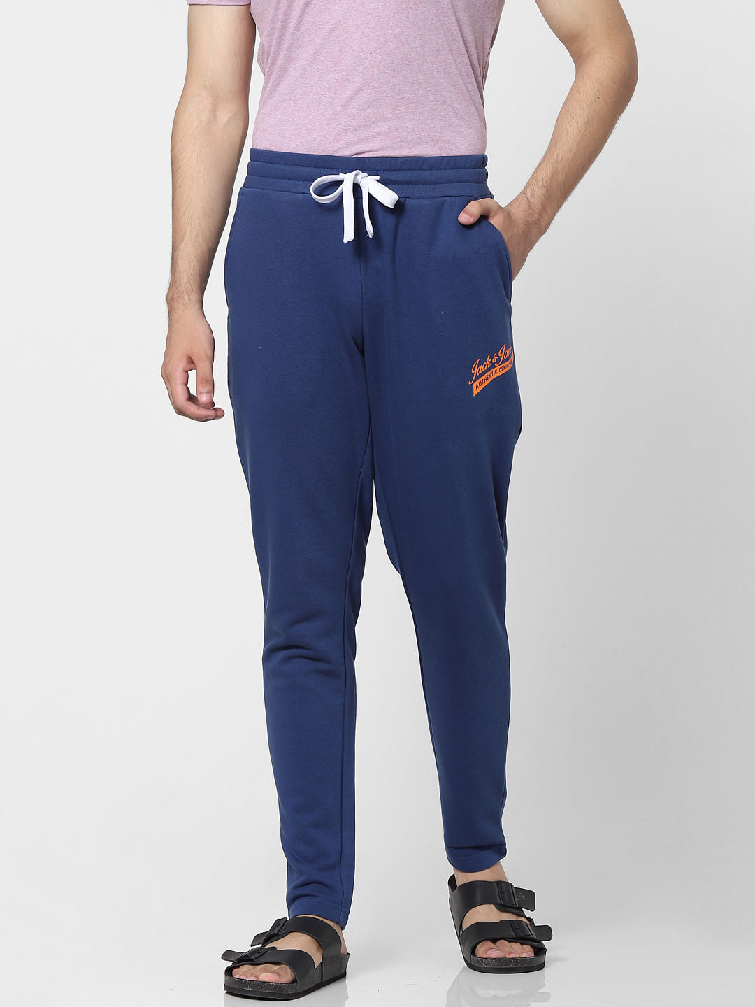 Blue Mid Rise Logo Print Sweatpants