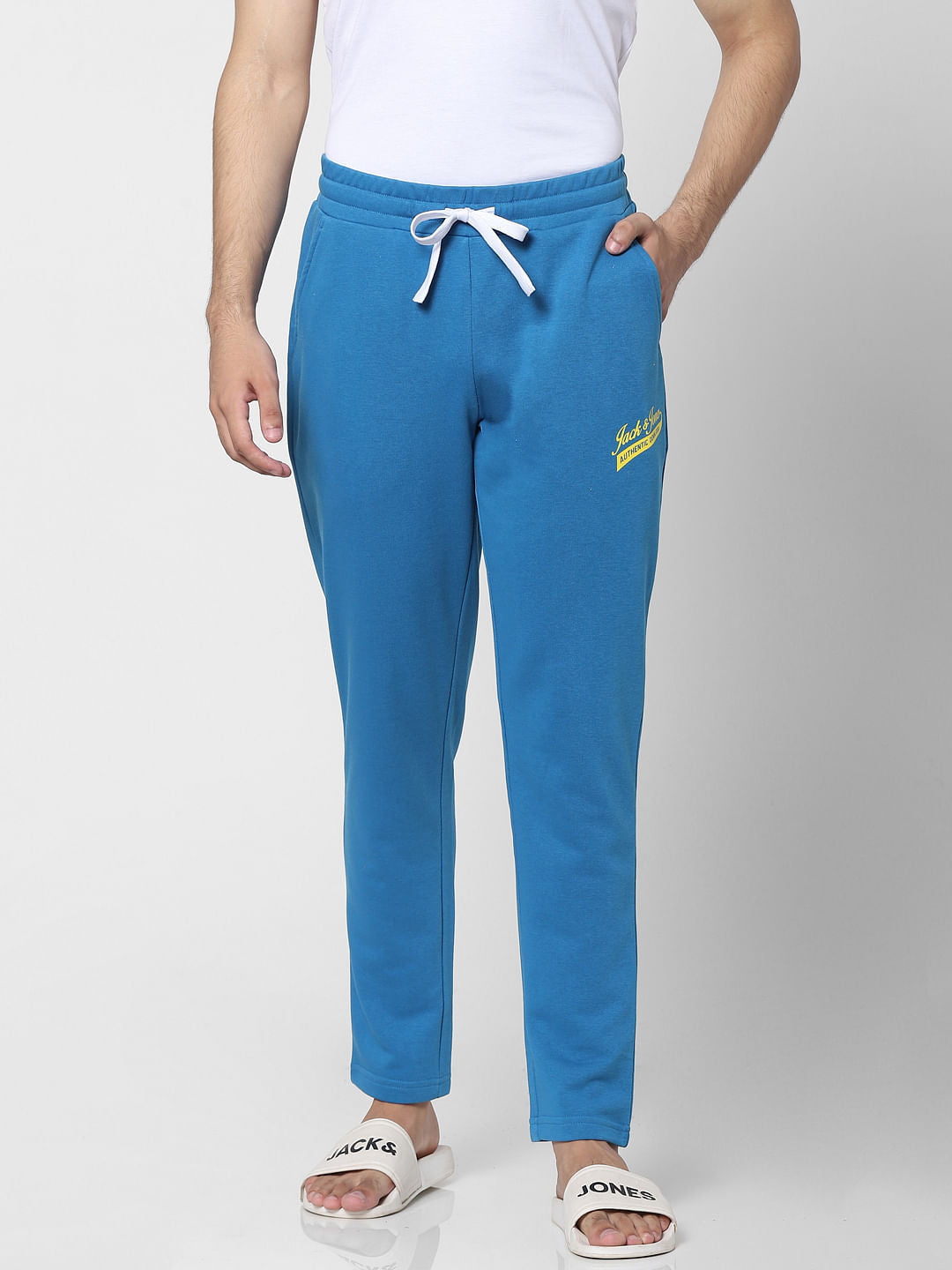 Blue Mid Rise Logo Print Sweatpants