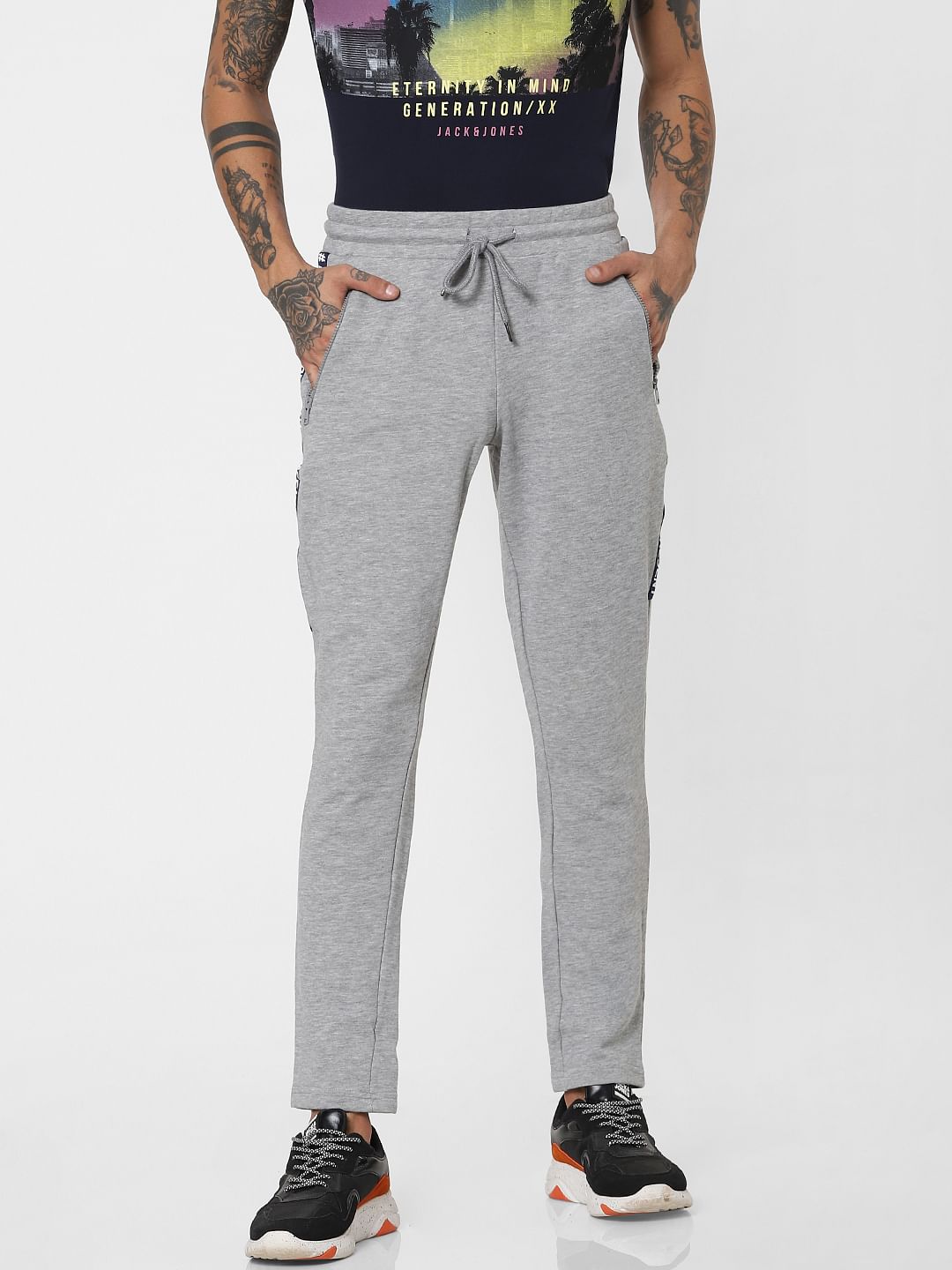 Grey Mid Rise Tape Detail Sweatpants