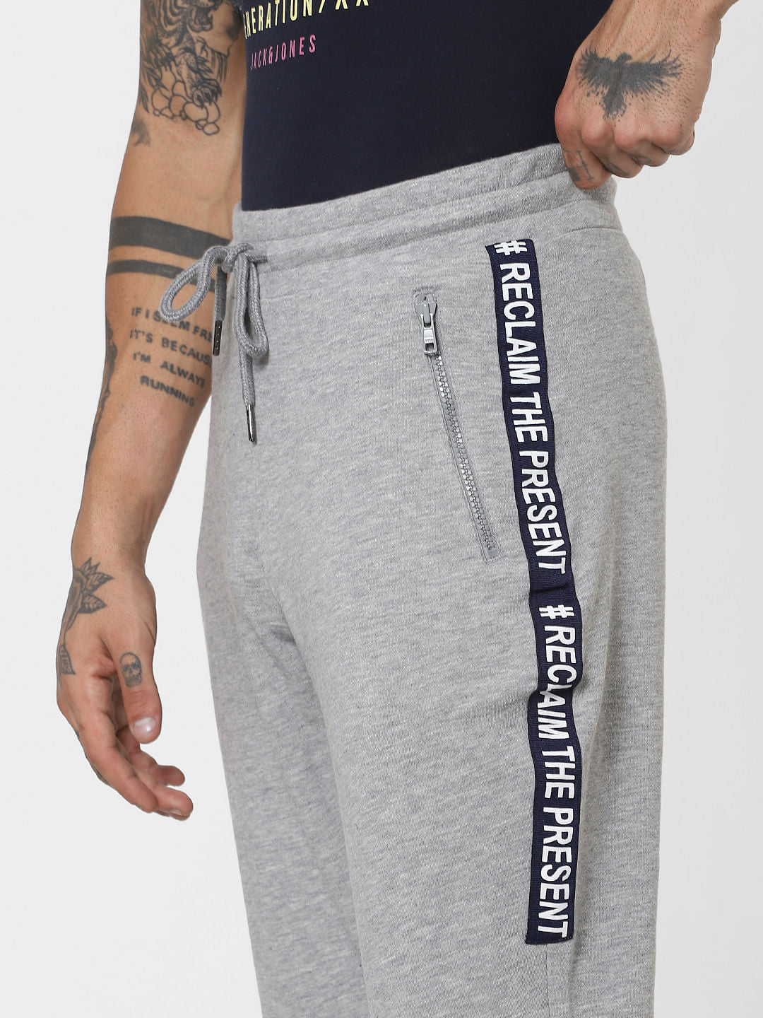Grey Mid Rise Tape Detail Sweatpants