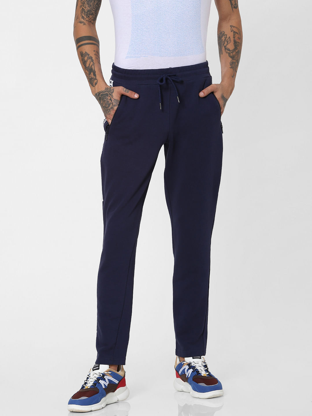 Blue Mid Rise Tape Detail Sweatpants