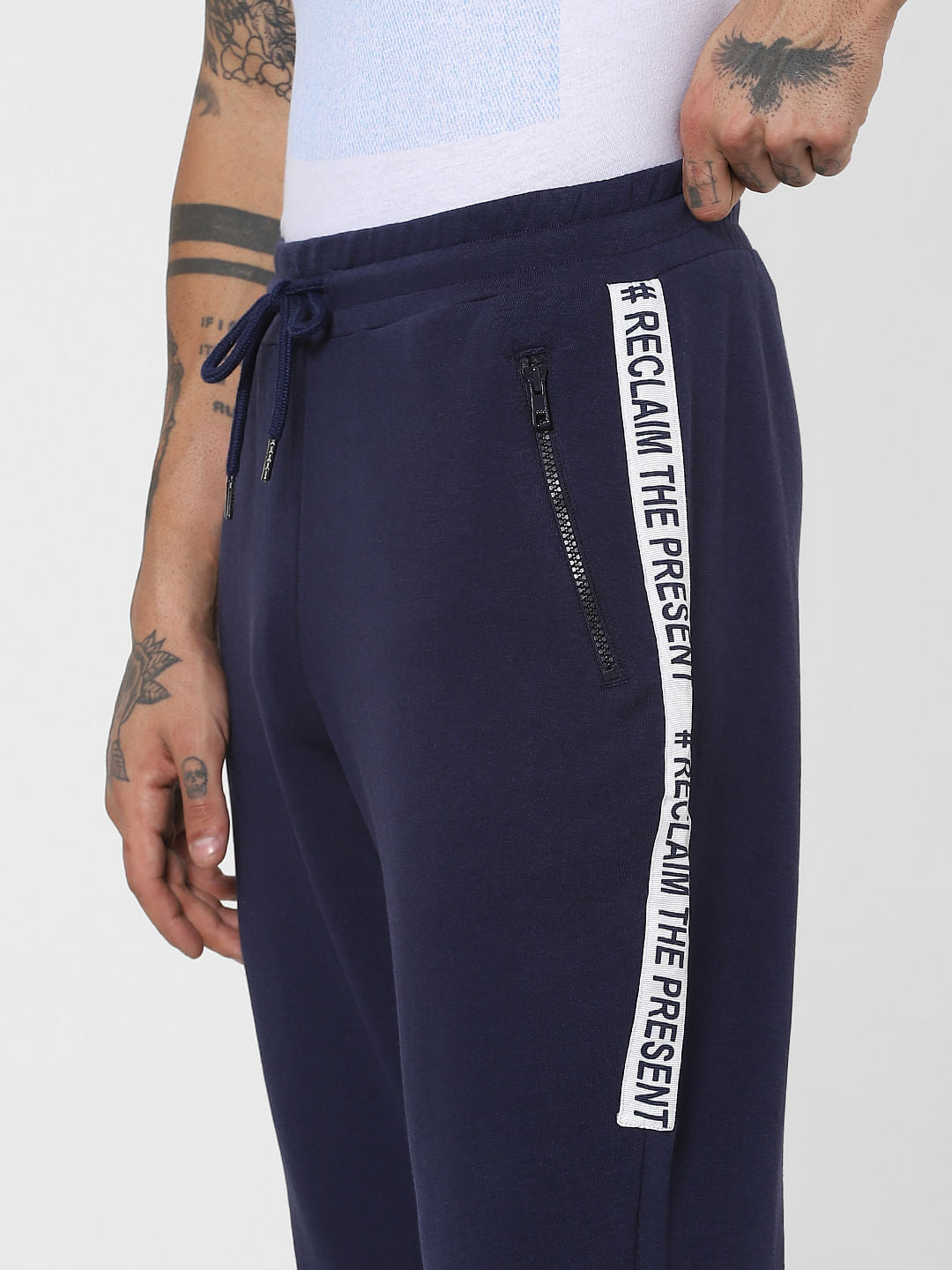 Blue Mid Rise Tape Detail Sweatpants