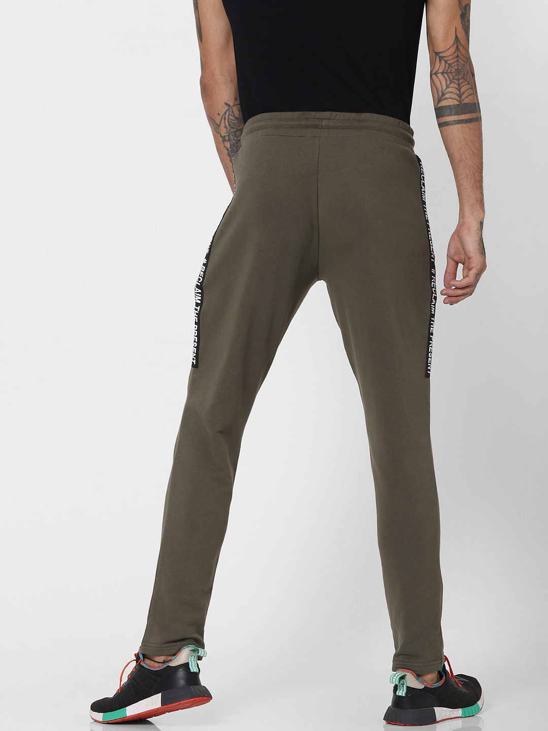 Olive Green Mid Rise Tape Detail Sweatpants