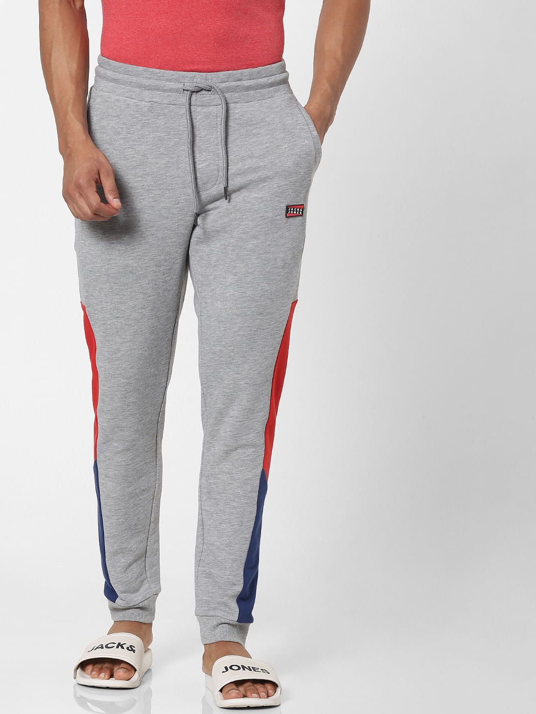 Grey Mid Rise Colourblocked Sweatpants