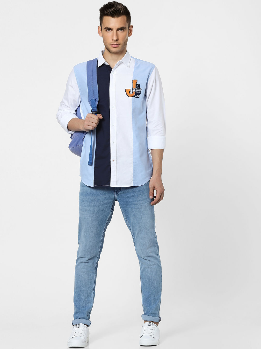 White Colourblocked Full Sleeves Shirt