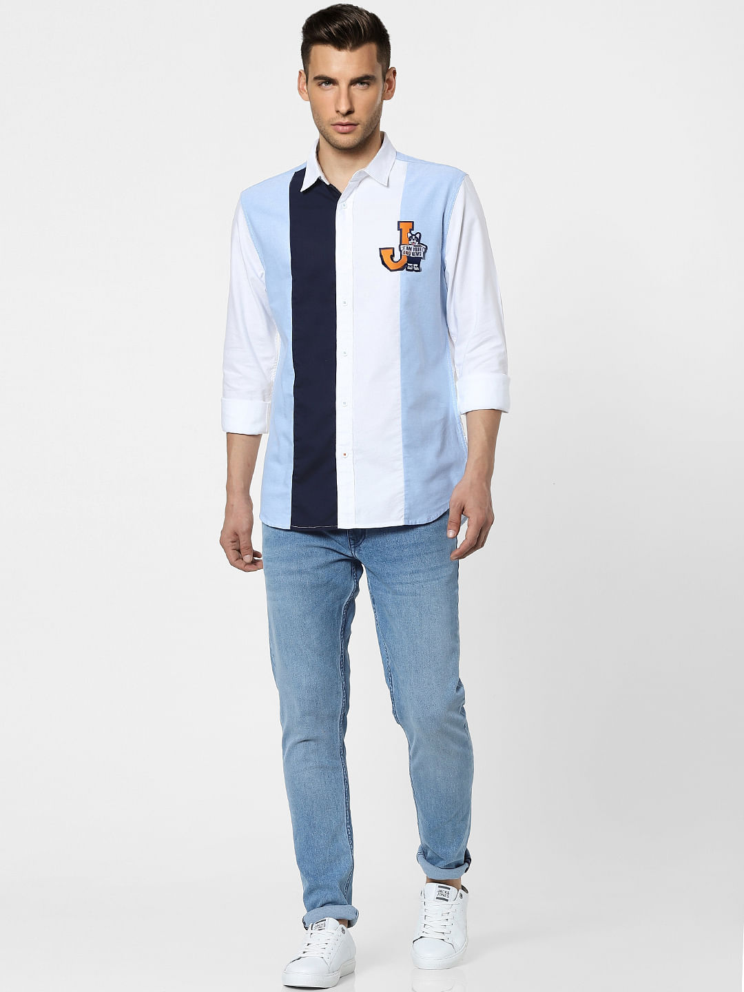 White Colourblocked Full Sleeves Shirt