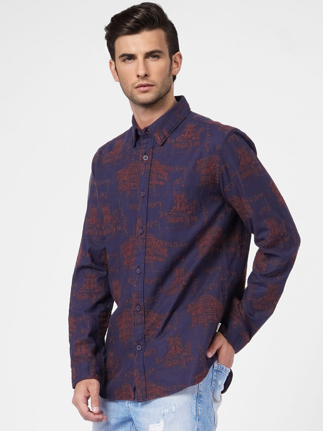 Navy Blue Embroidered Full Sleeves Shirt
