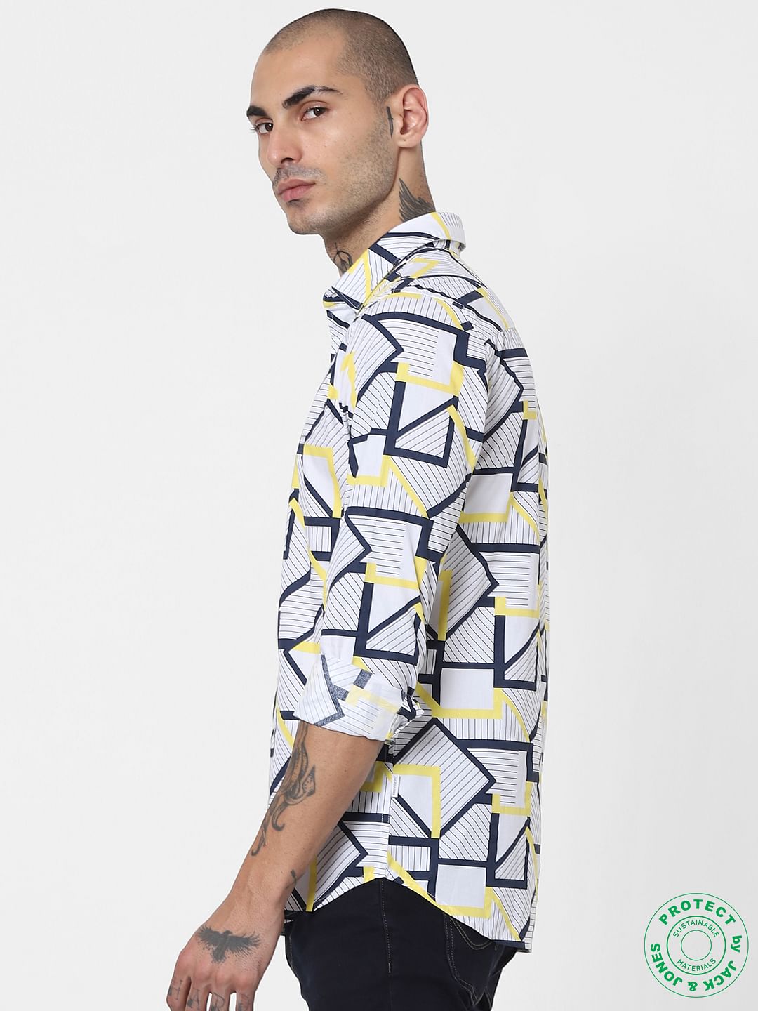White Abstract Print Full Sleeves Shirt