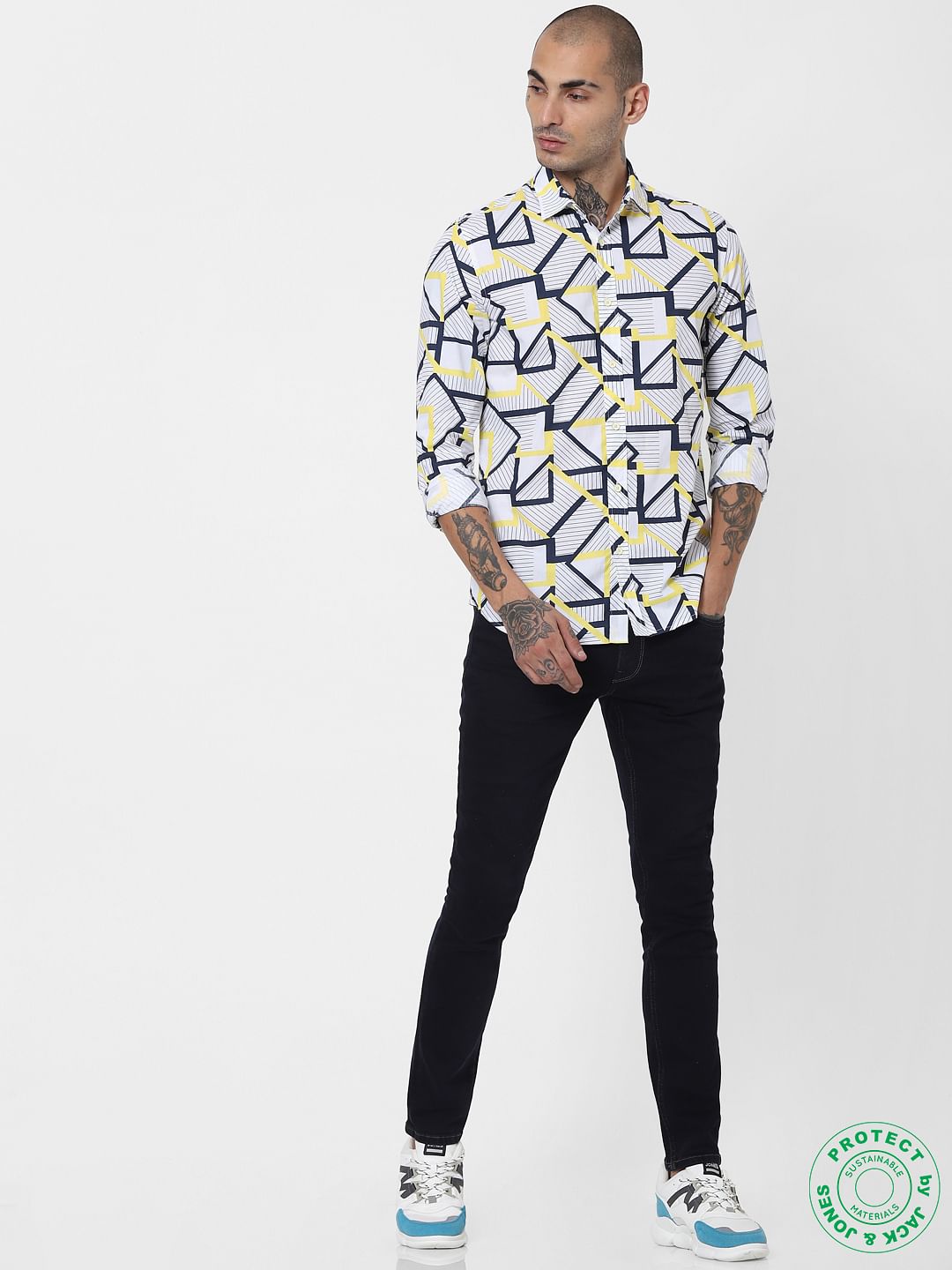 White Abstract Print Full Sleeves Shirt