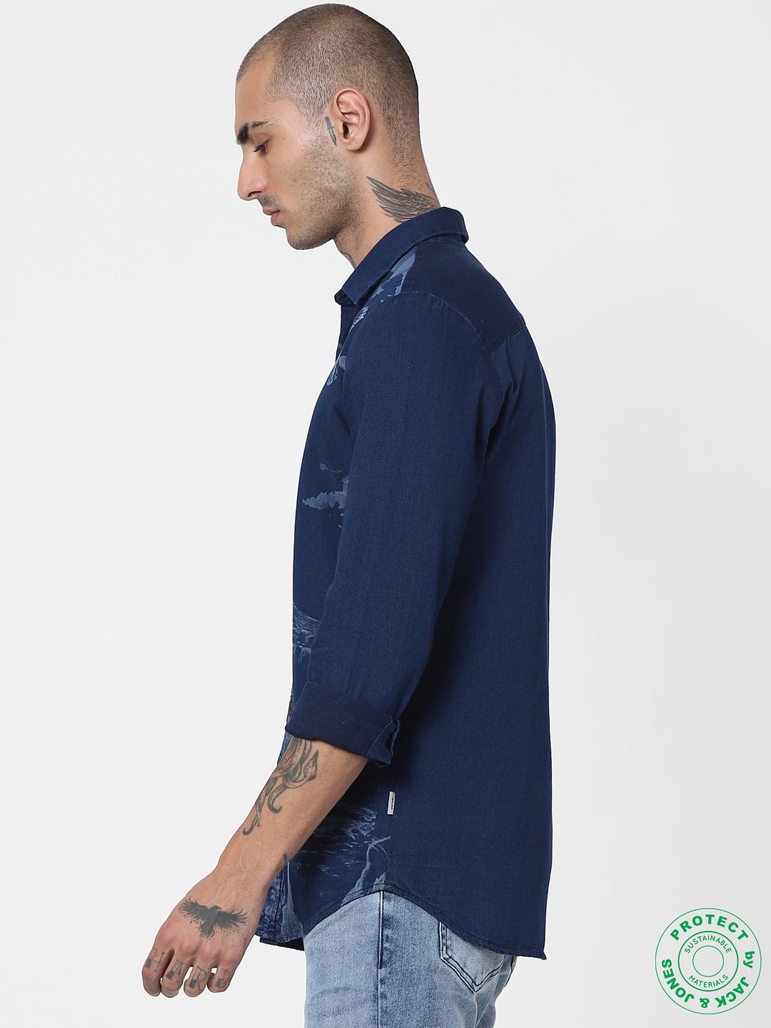 Blue Denim Printed Full Sleeves Shirt