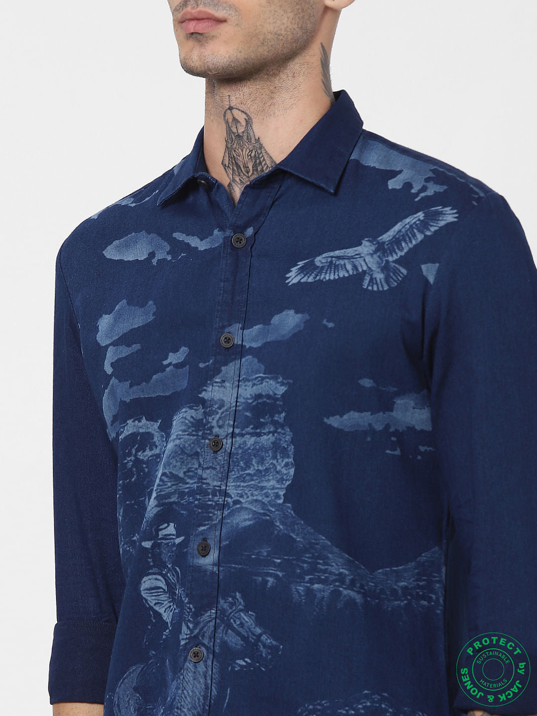 Blue Denim Printed Full Sleeves Shirt