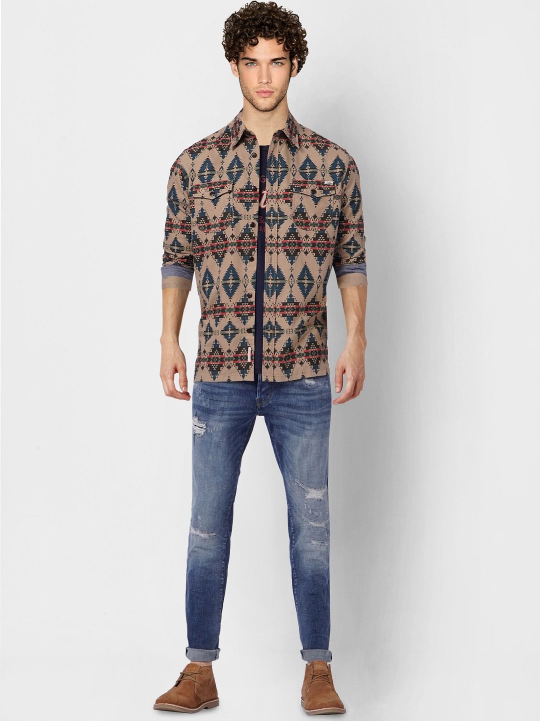 Brown Printed Full Sleeves Shirt