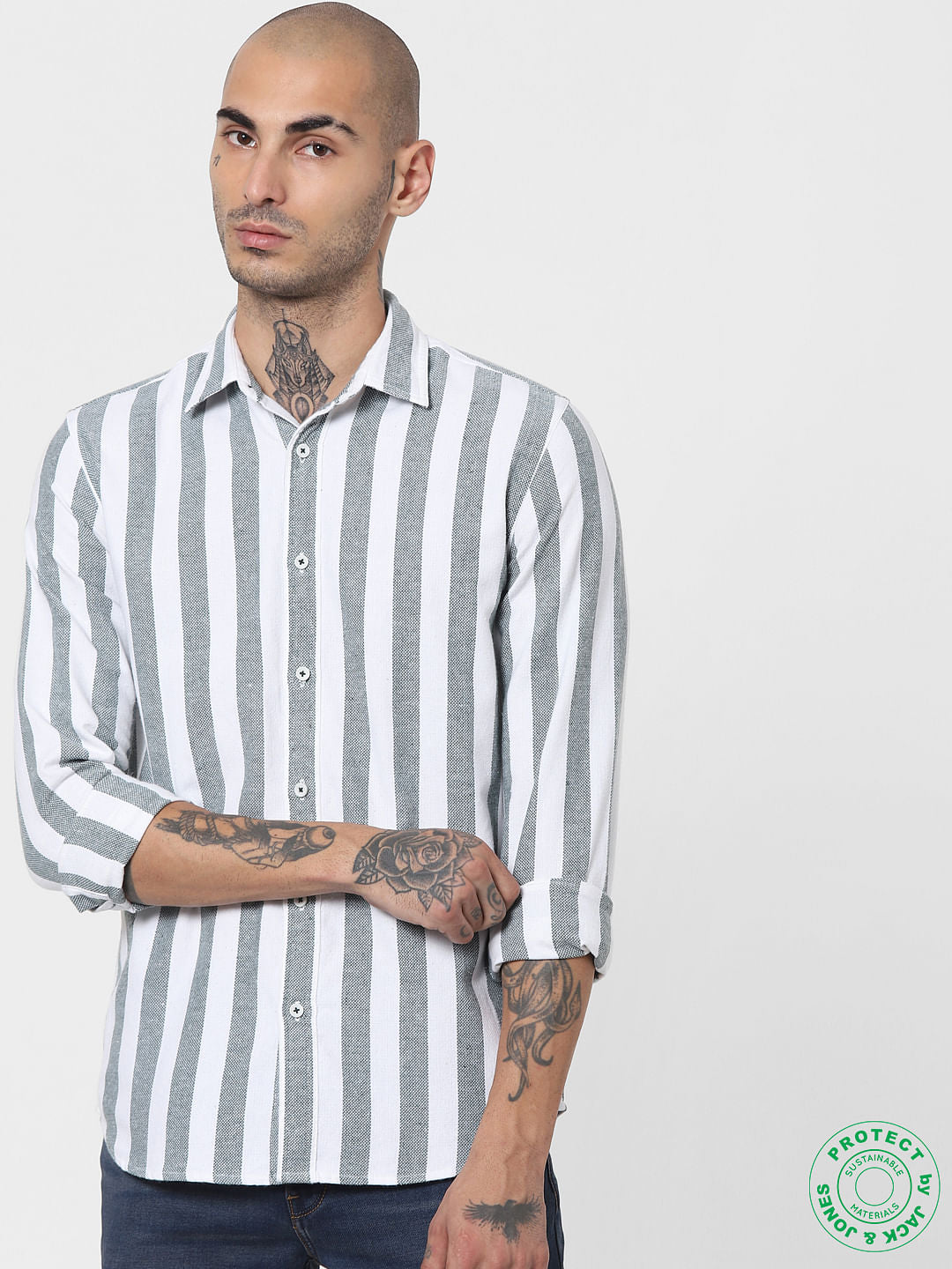 Green Striped Full Sleeves Shirt