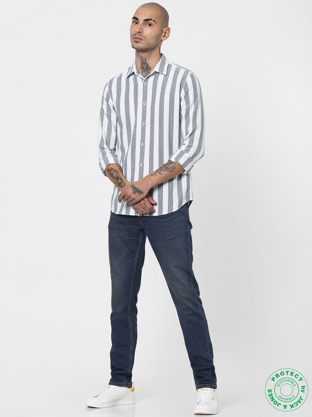 Green Striped Full Sleeves Shirt