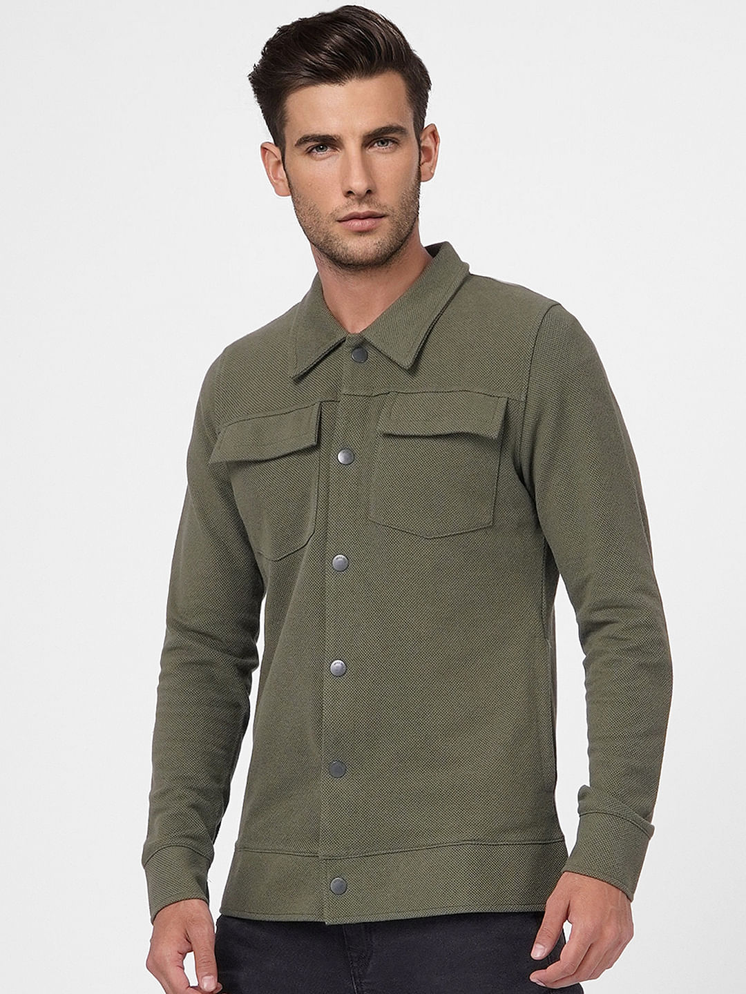 Green Solid Full Sleeves Overshirt