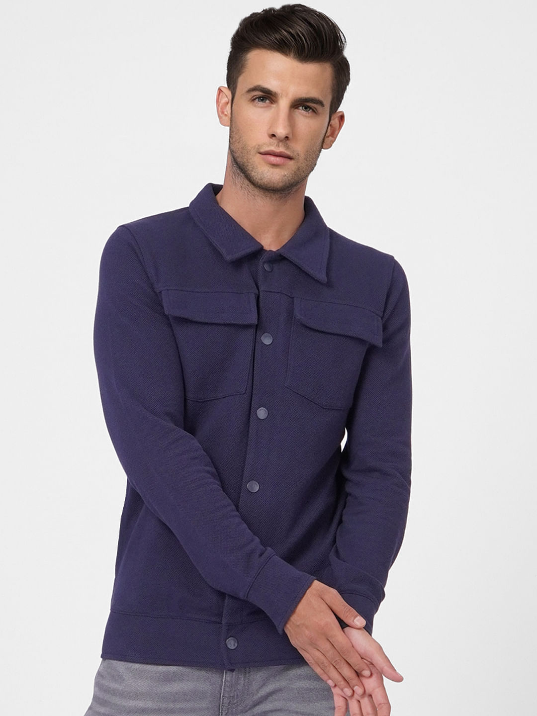 Blue Solid Full Sleeves Overshirt