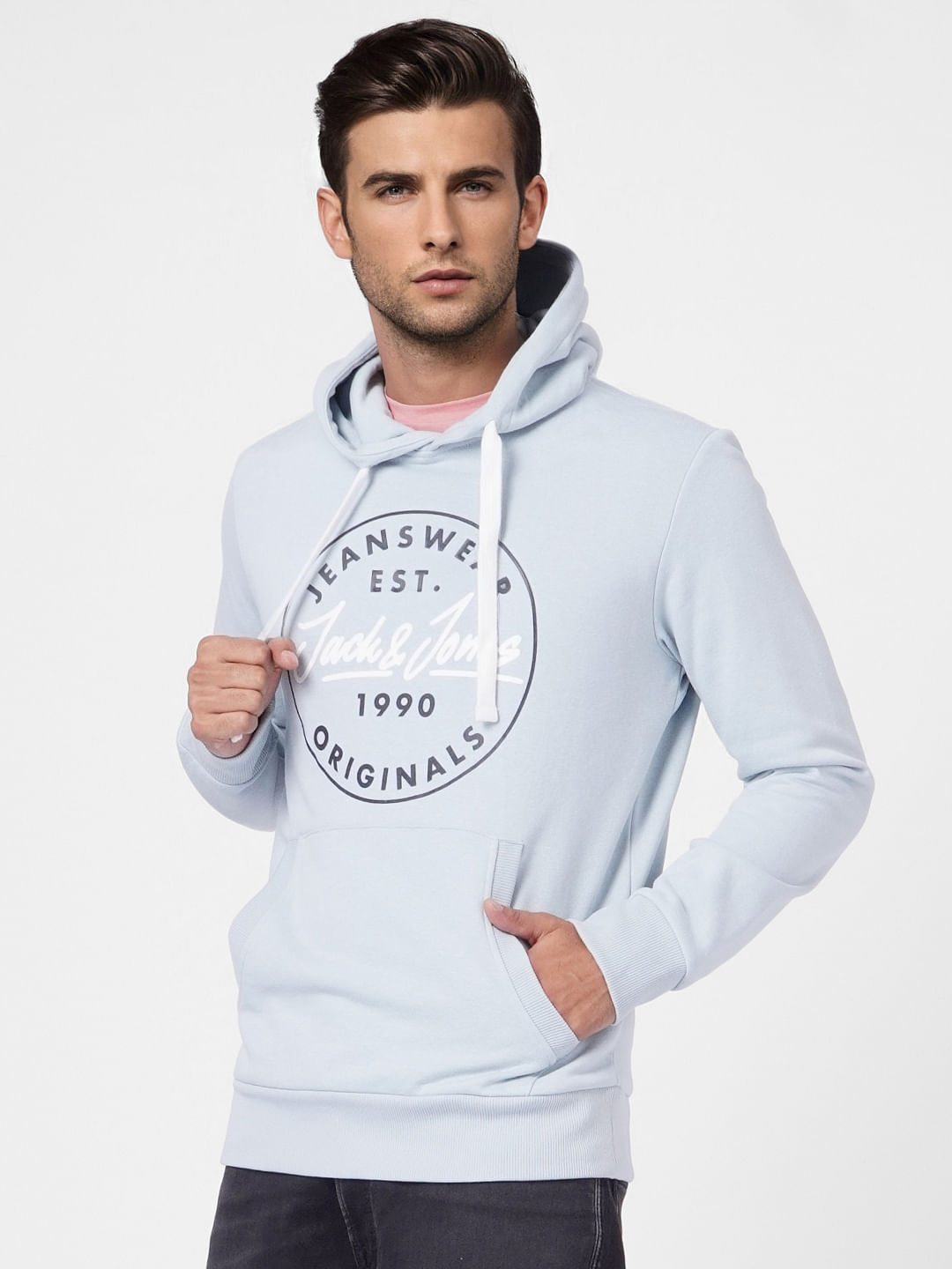 Blue Logo Print Hooded Sweatshirt