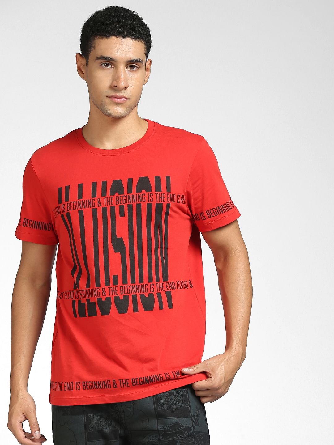 Red Text Print Crew Neck T-shirt