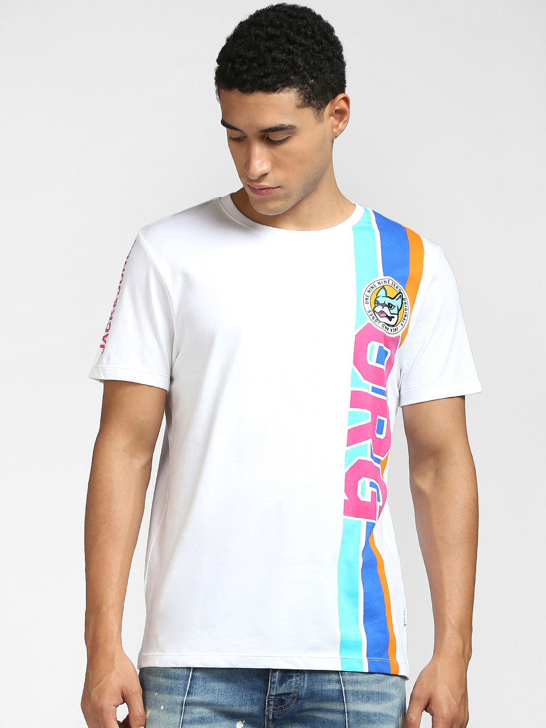 White Colourblocked Crew Neck T-shirt