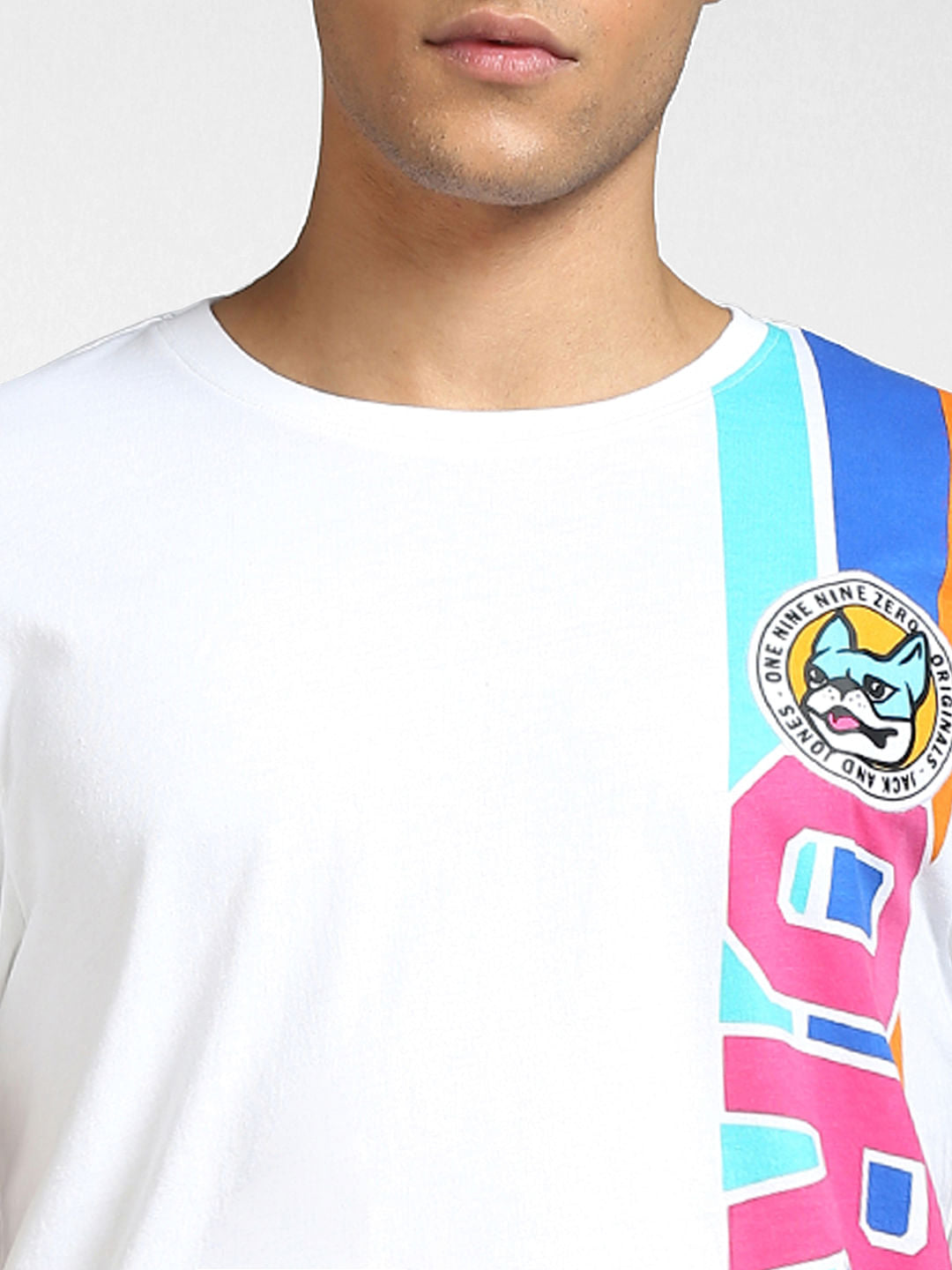 White Colourblocked Crew Neck T-shirt