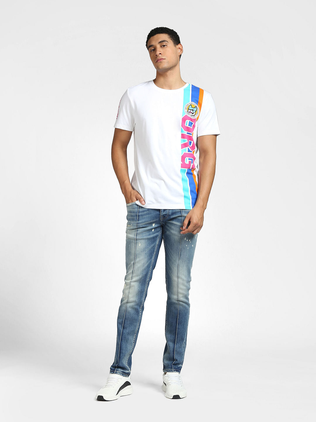White Colourblocked Crew Neck T-shirt