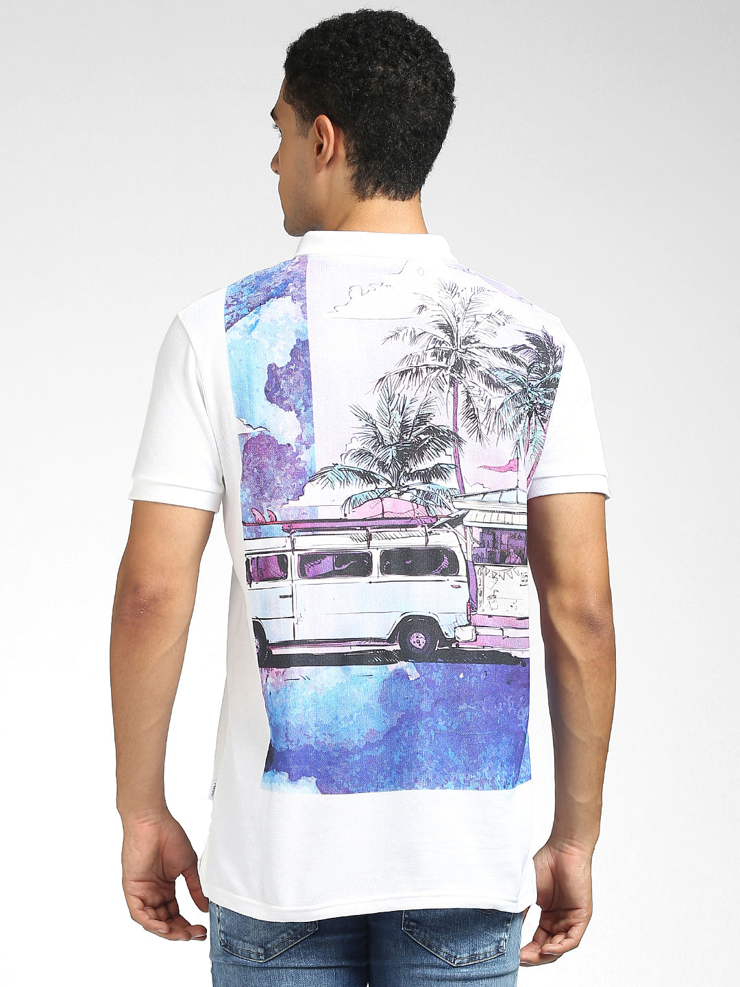 White Graphic Print Polo Neck T-shirt