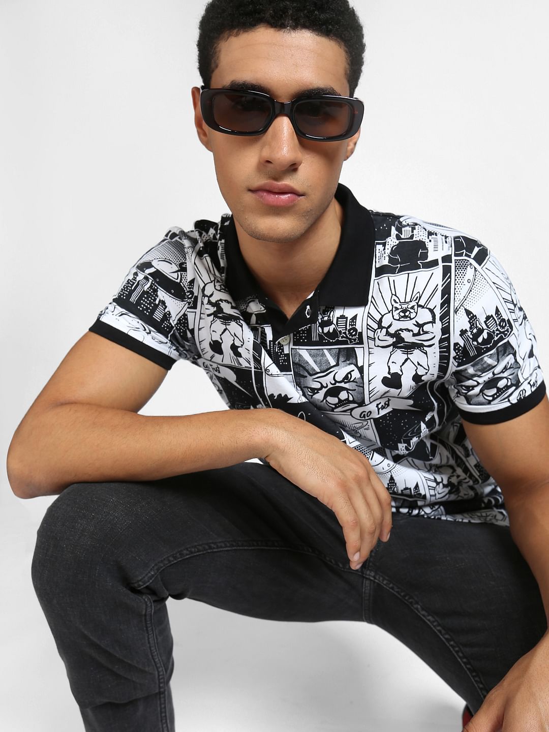Black & White Graphic Print Polo Neck T-shirt