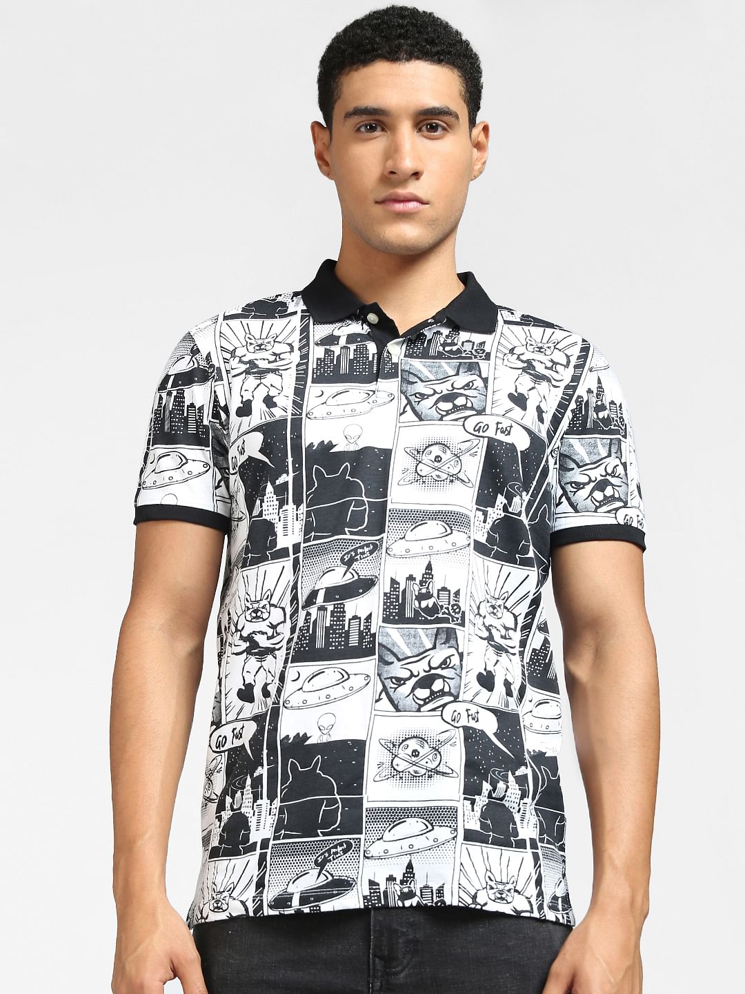 Black & White Graphic Print Polo Neck T-shirt