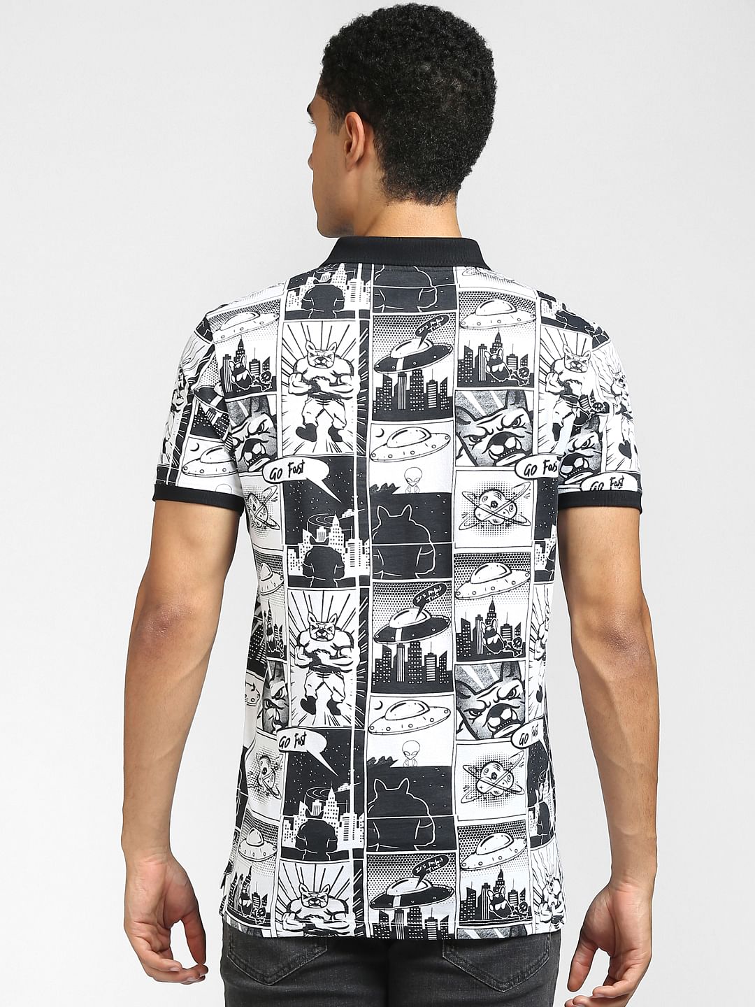 Black & White Graphic Print Polo Neck T-shirt