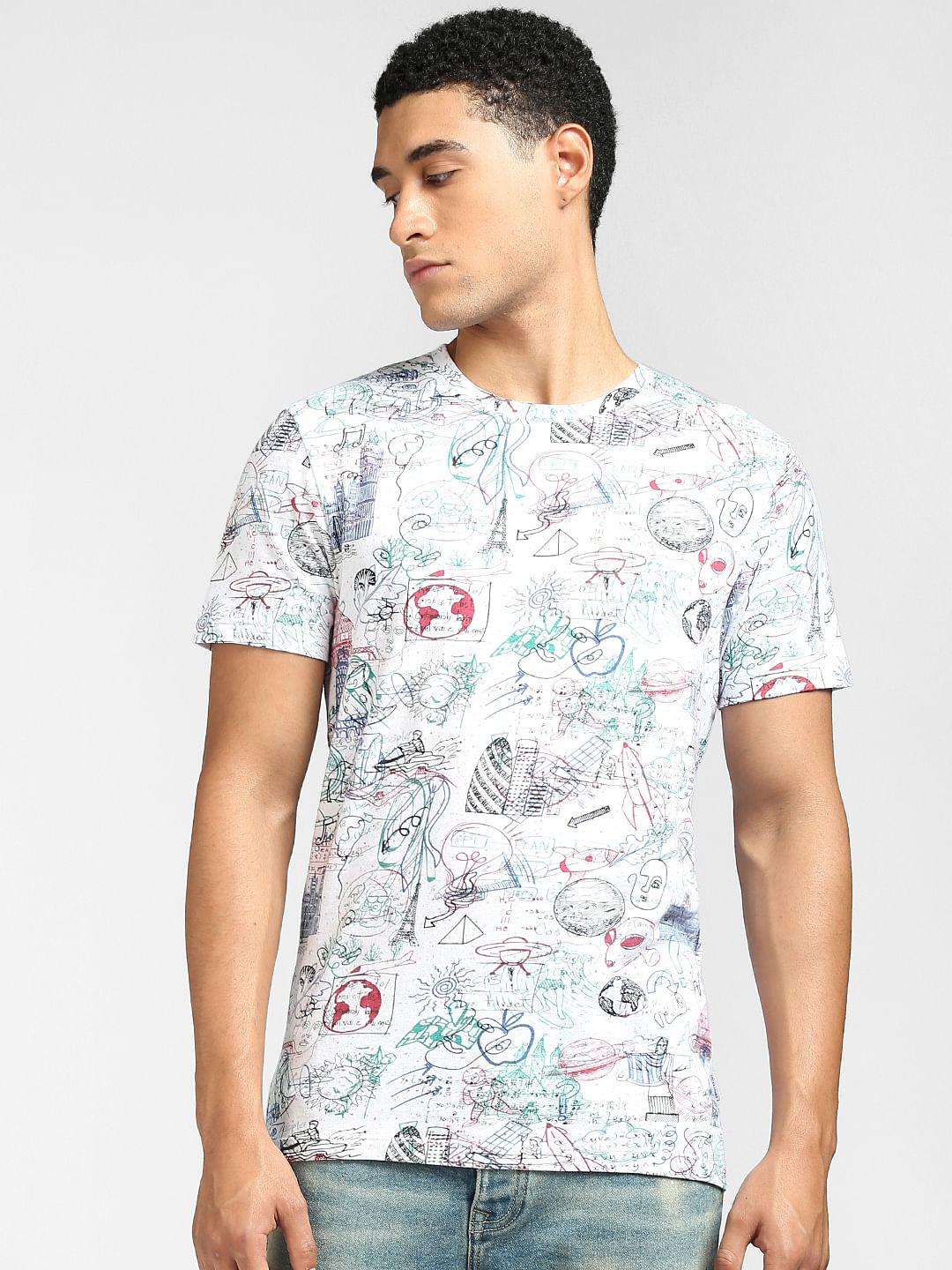 White Scribble Print Crew Neck T-shirt