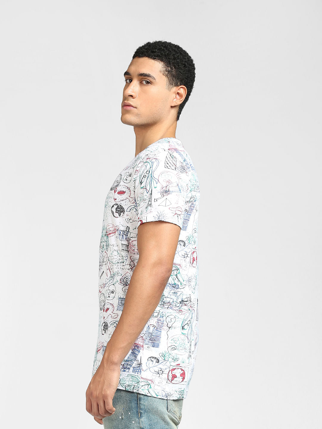 White Scribble Print Crew Neck T-shirt