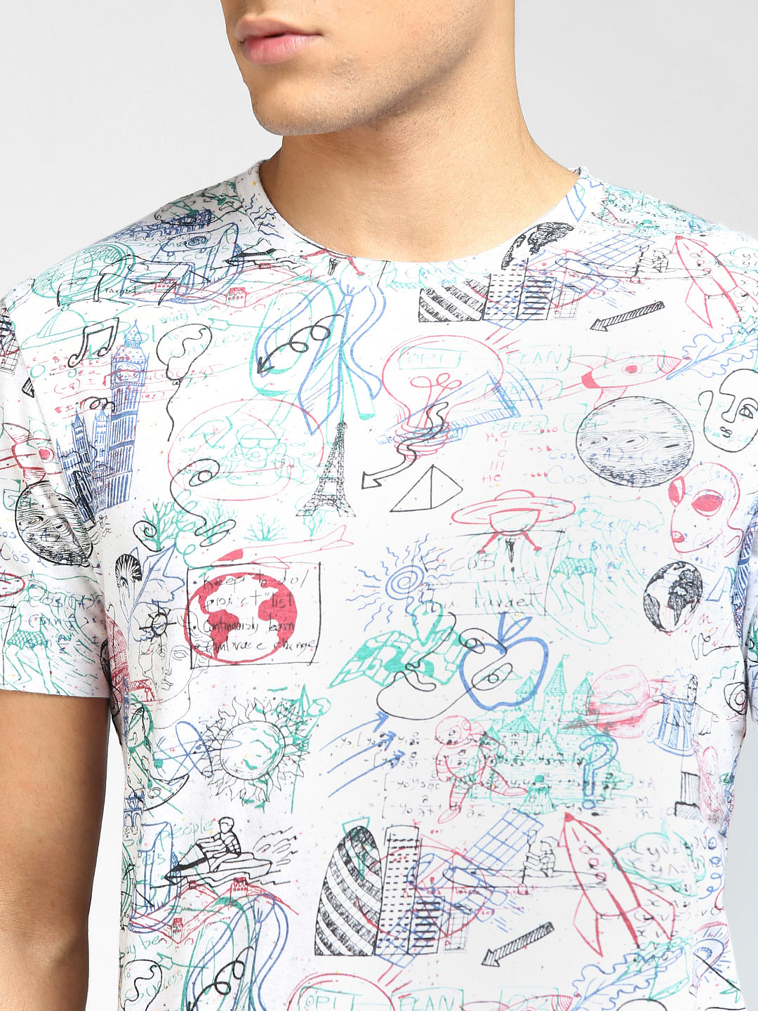 White Scribble Print Crew Neck T-shirt