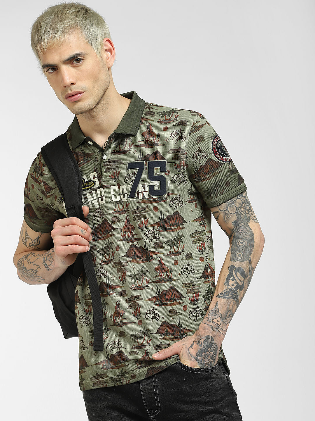 Green Printed Polo Neck T-shirt
