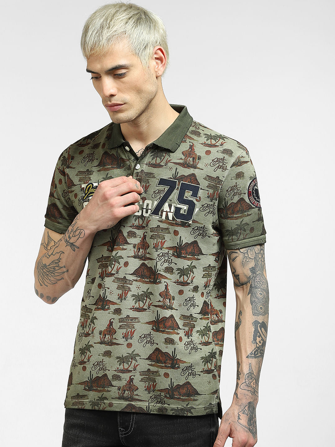 Green Printed Polo Neck T-shirt