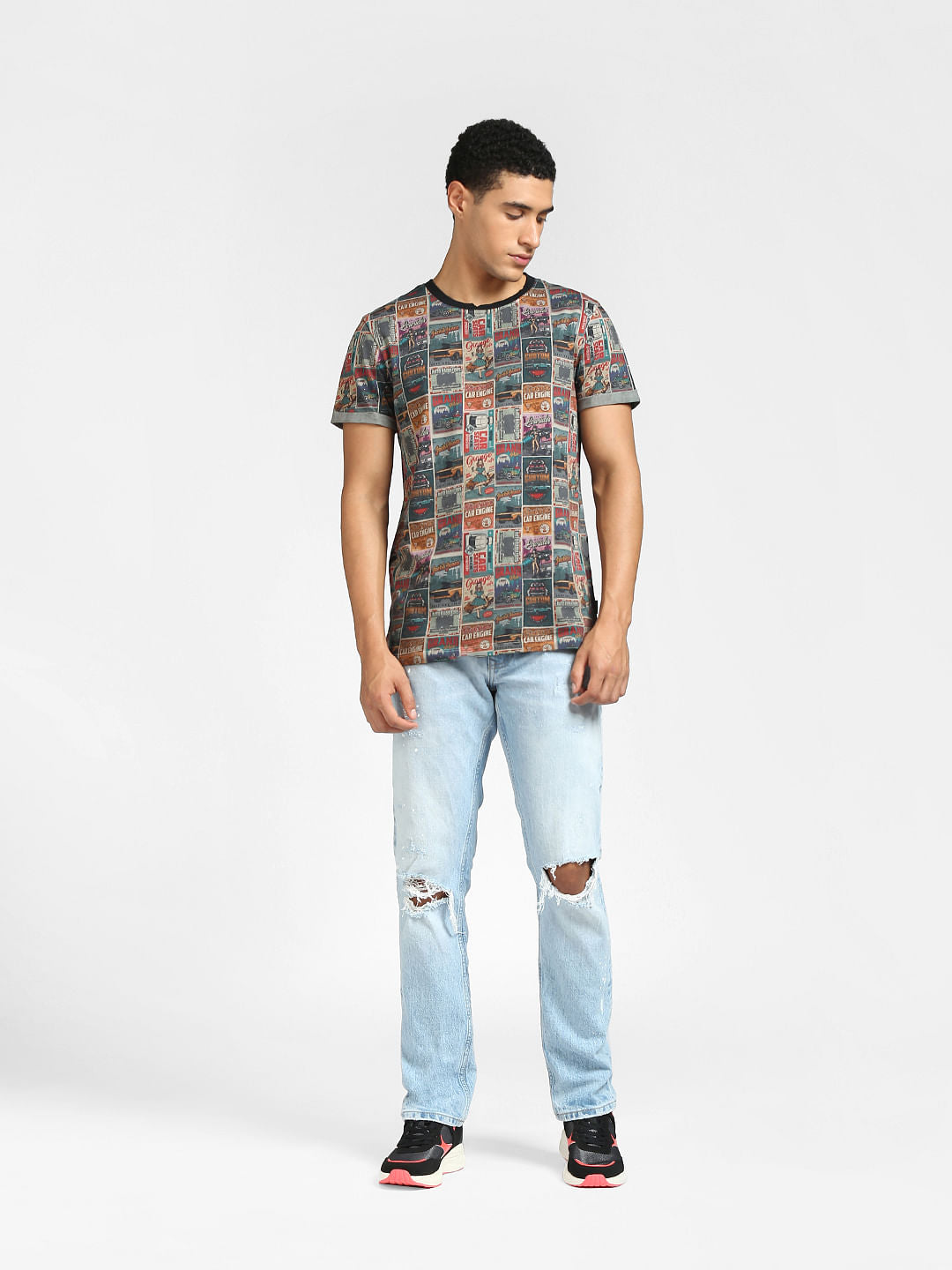 Grey Retro Garage Printed Crew Neck T-shirt