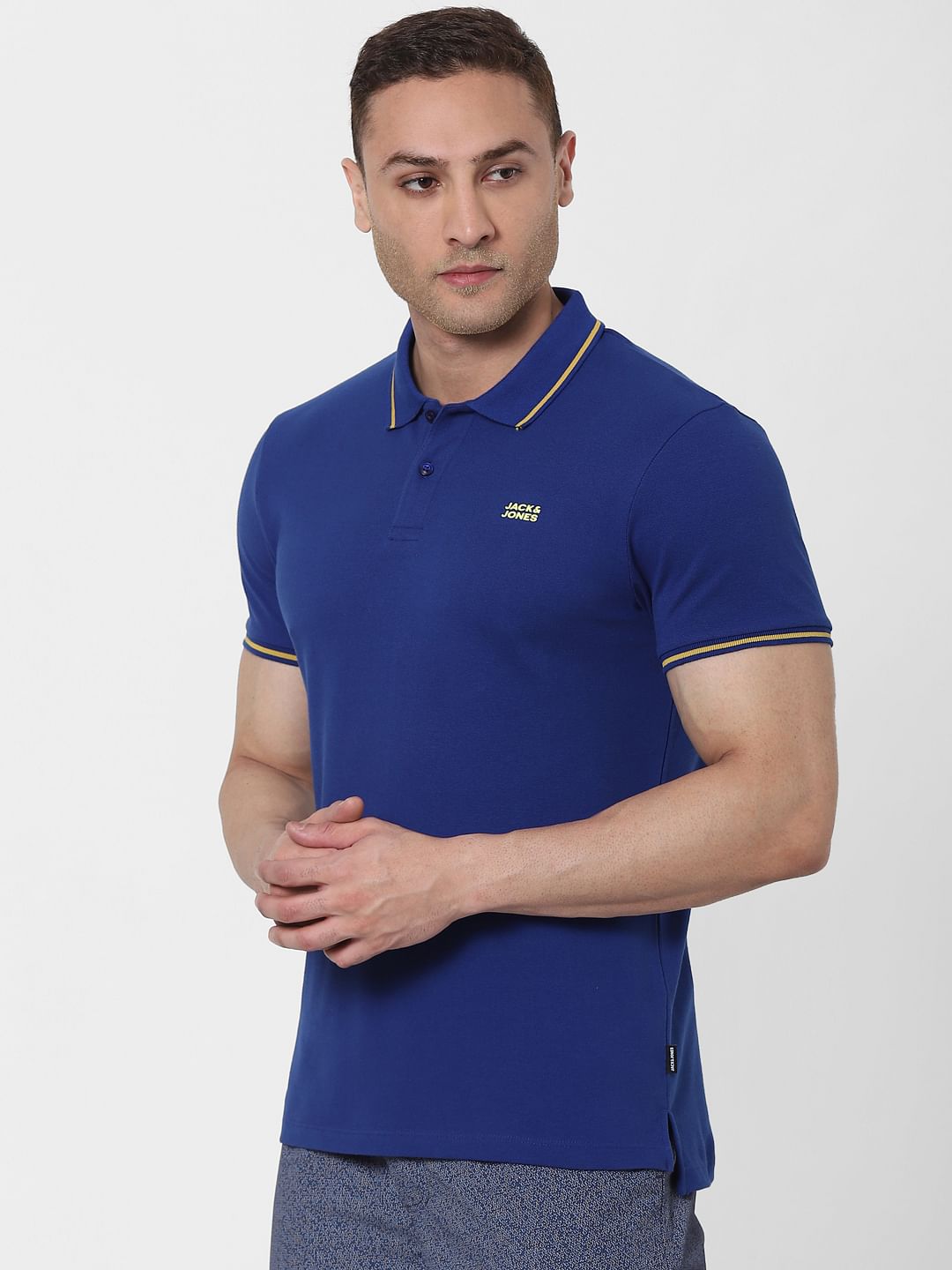 Blue Contrast Tipping Polo Neck T-shirt