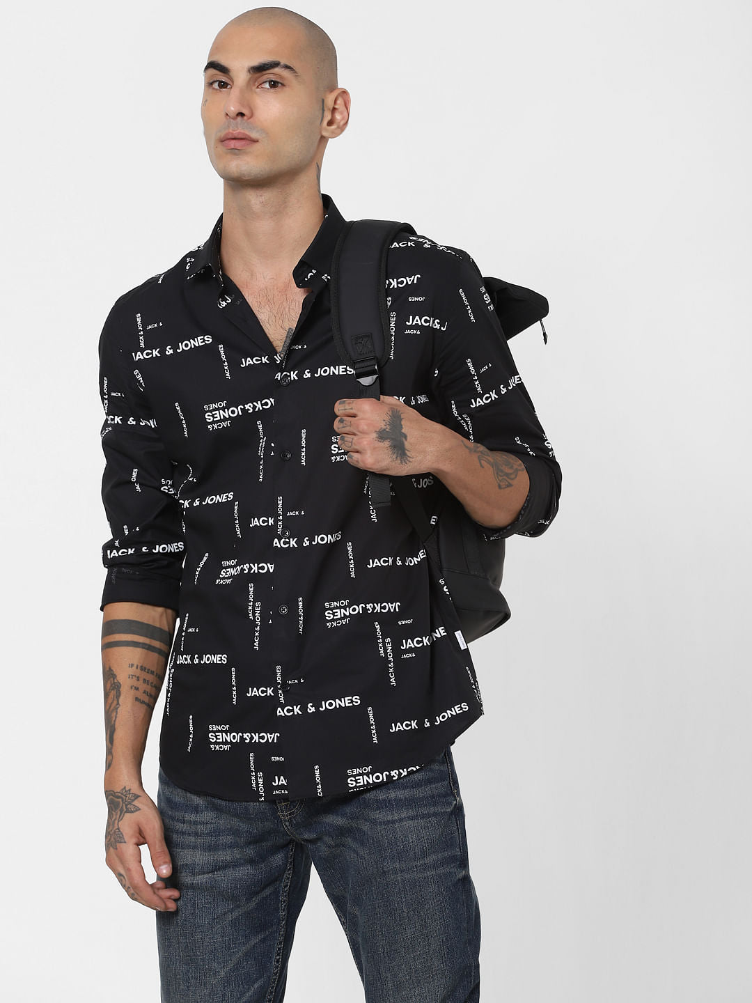 Black All Over Logo Print Full Sleeves Shirt