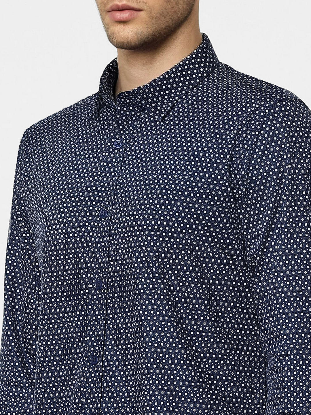 Dark Blue Geometric Print Full Sleeves Shirt