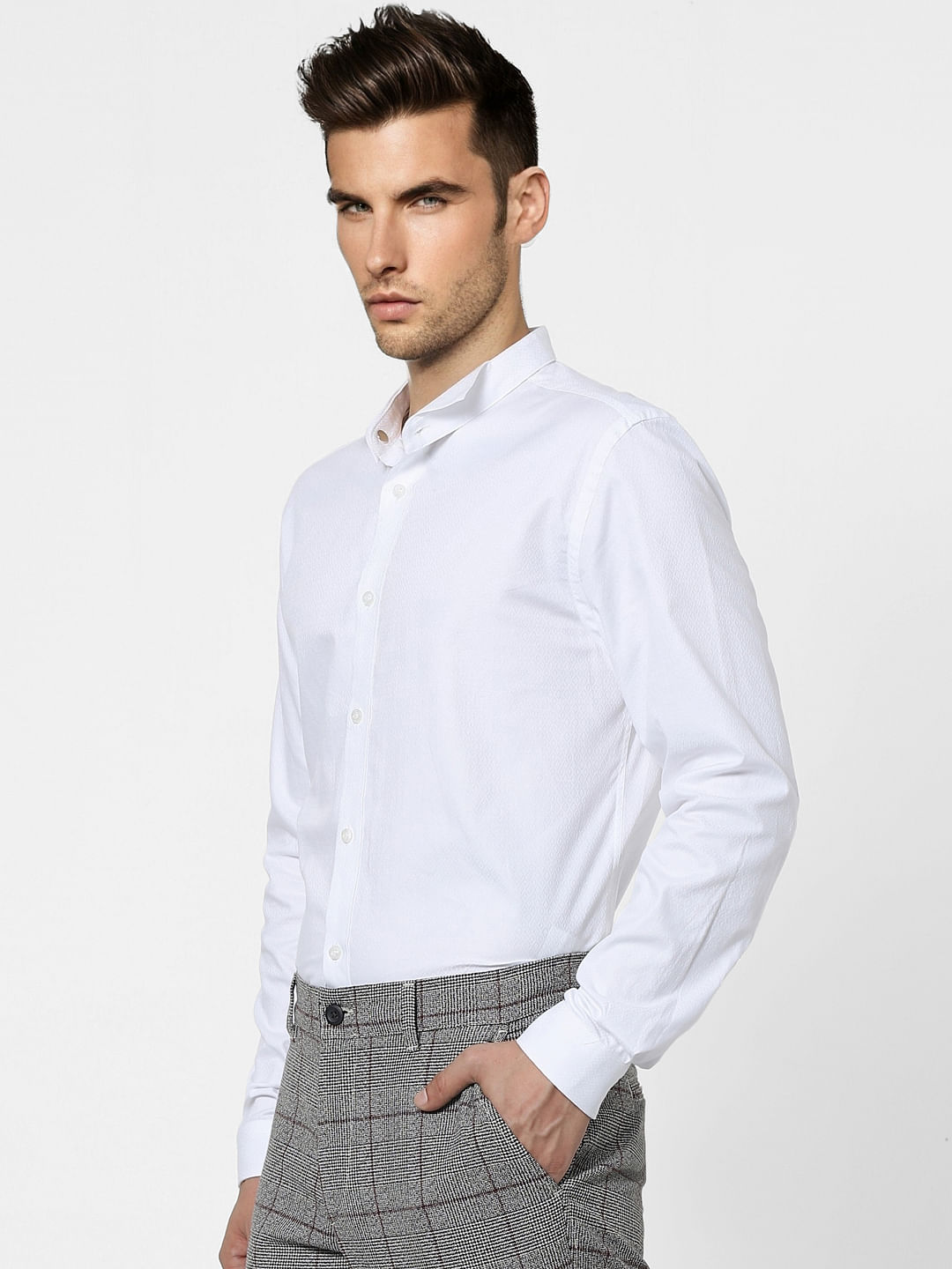 White Detachable Collar Dobby Shirt