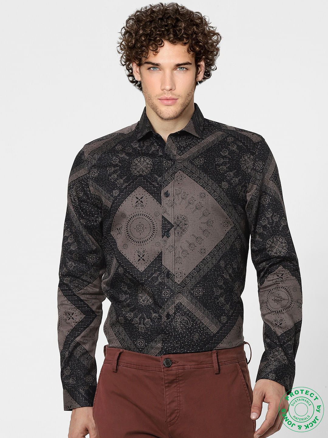 Coffee Brown Printed Full Sleeves Shirt