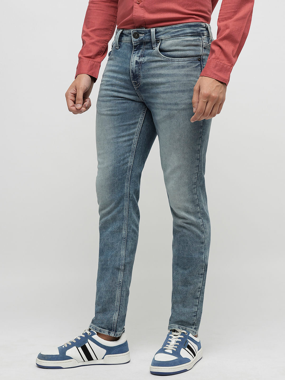 PRODUKT by JACK&JONES Blue Mid Rise Washed Slim Fit Jeans