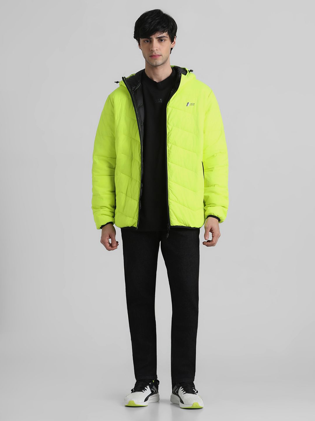 Neon Yellow Hooded Puffer Jacket