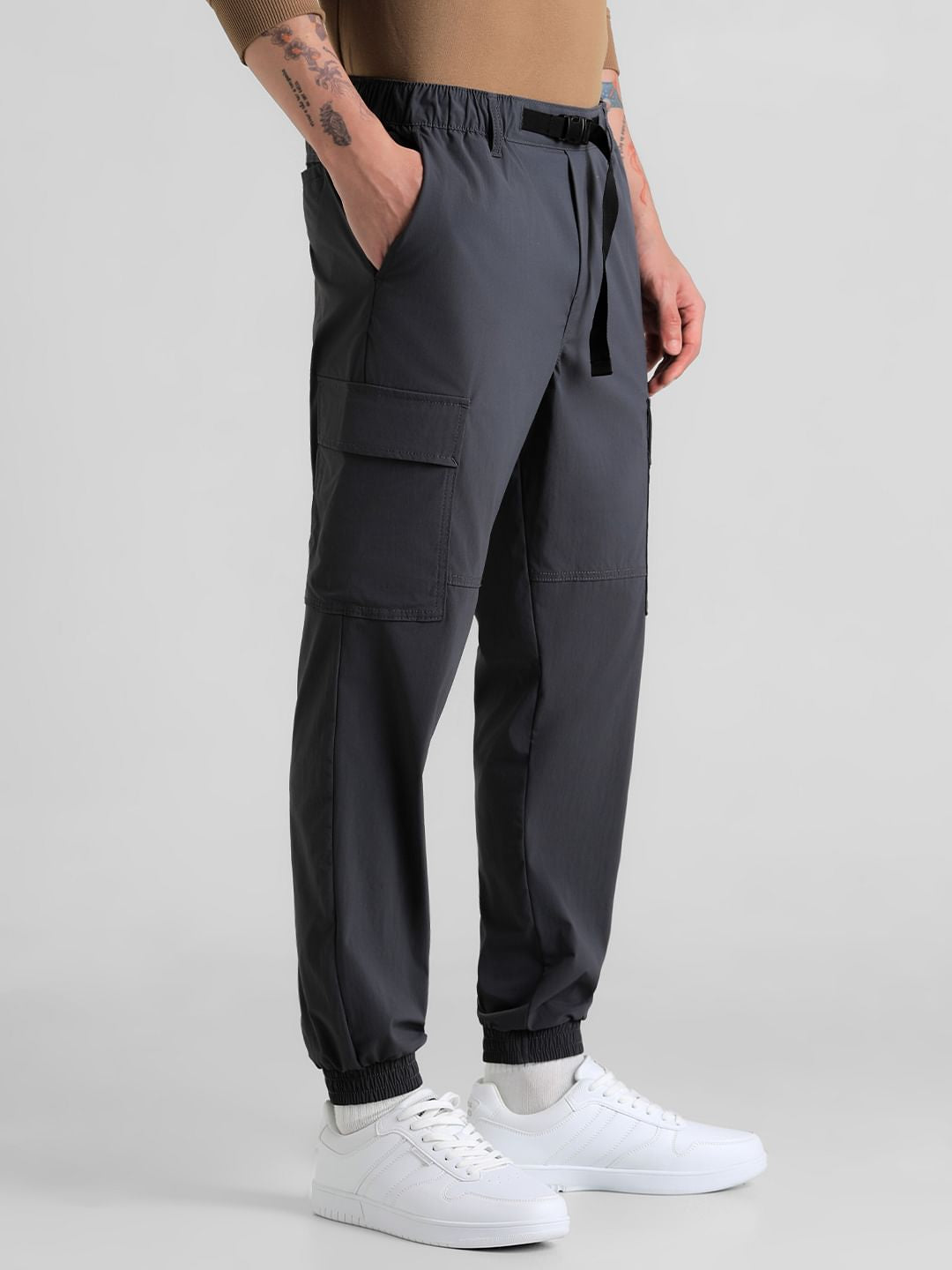 Grey Mid Rise Cargo Pants