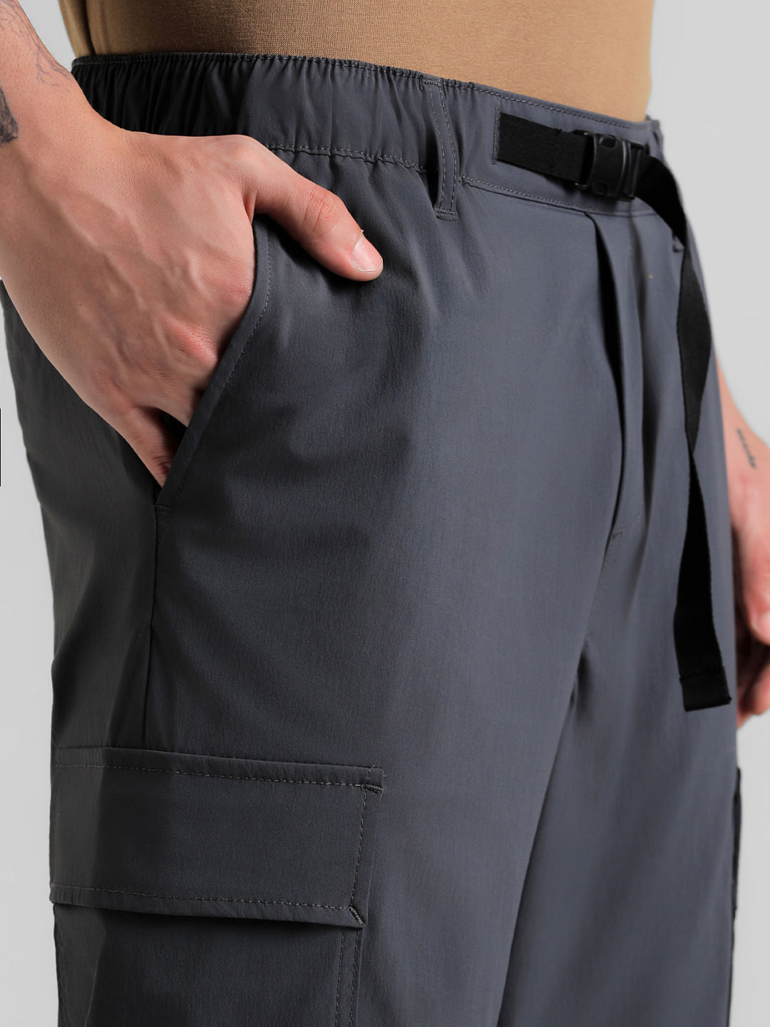 Grey Mid Rise Cargo Pants