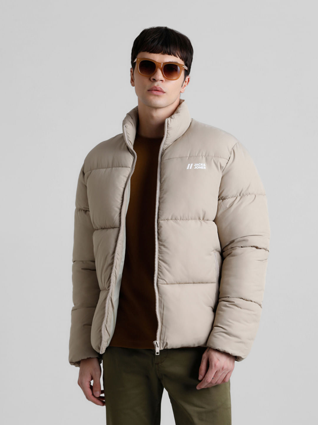 Beige High Neck Puffer Jacket