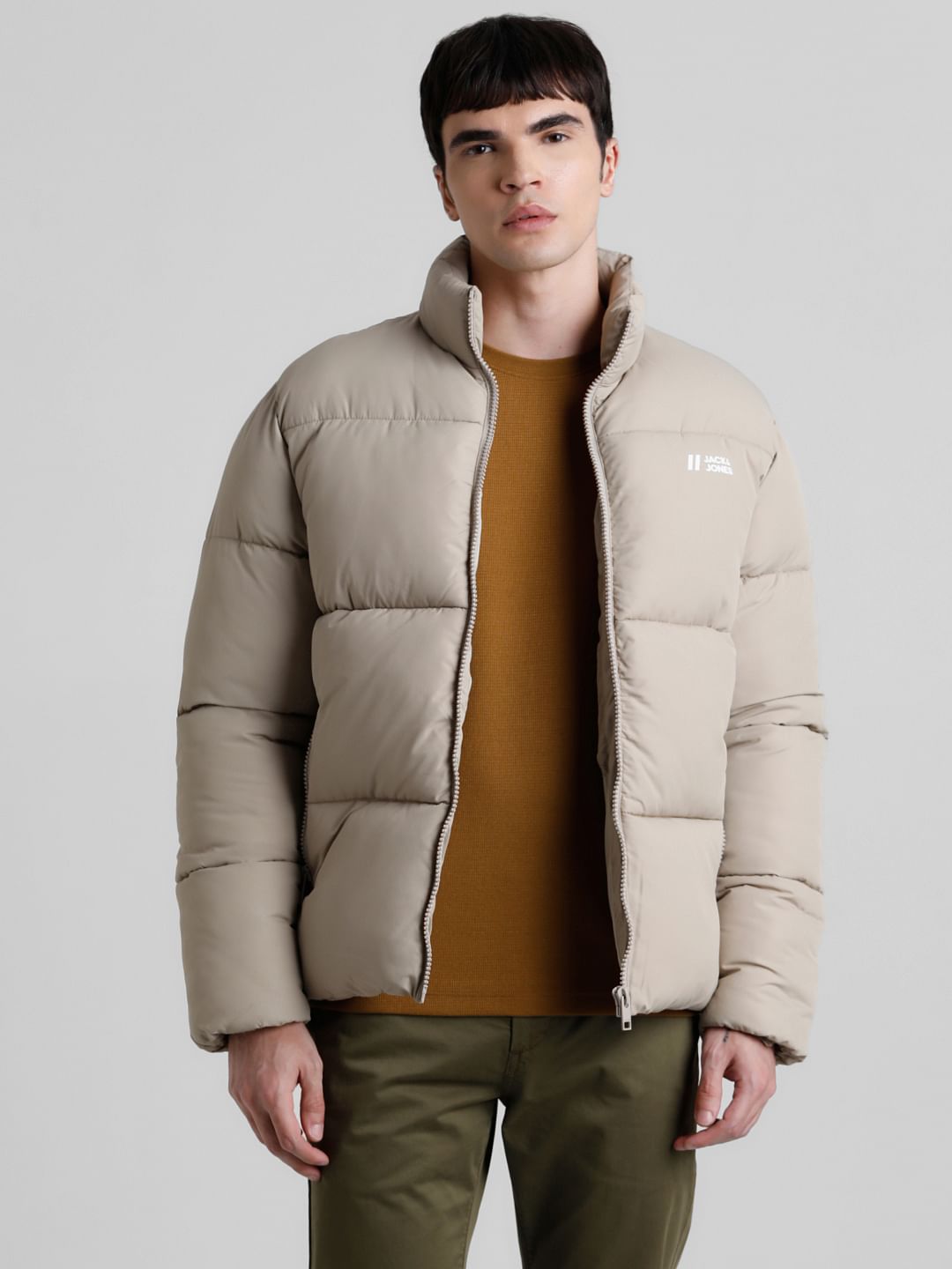 Beige High Neck Puffer Jacket