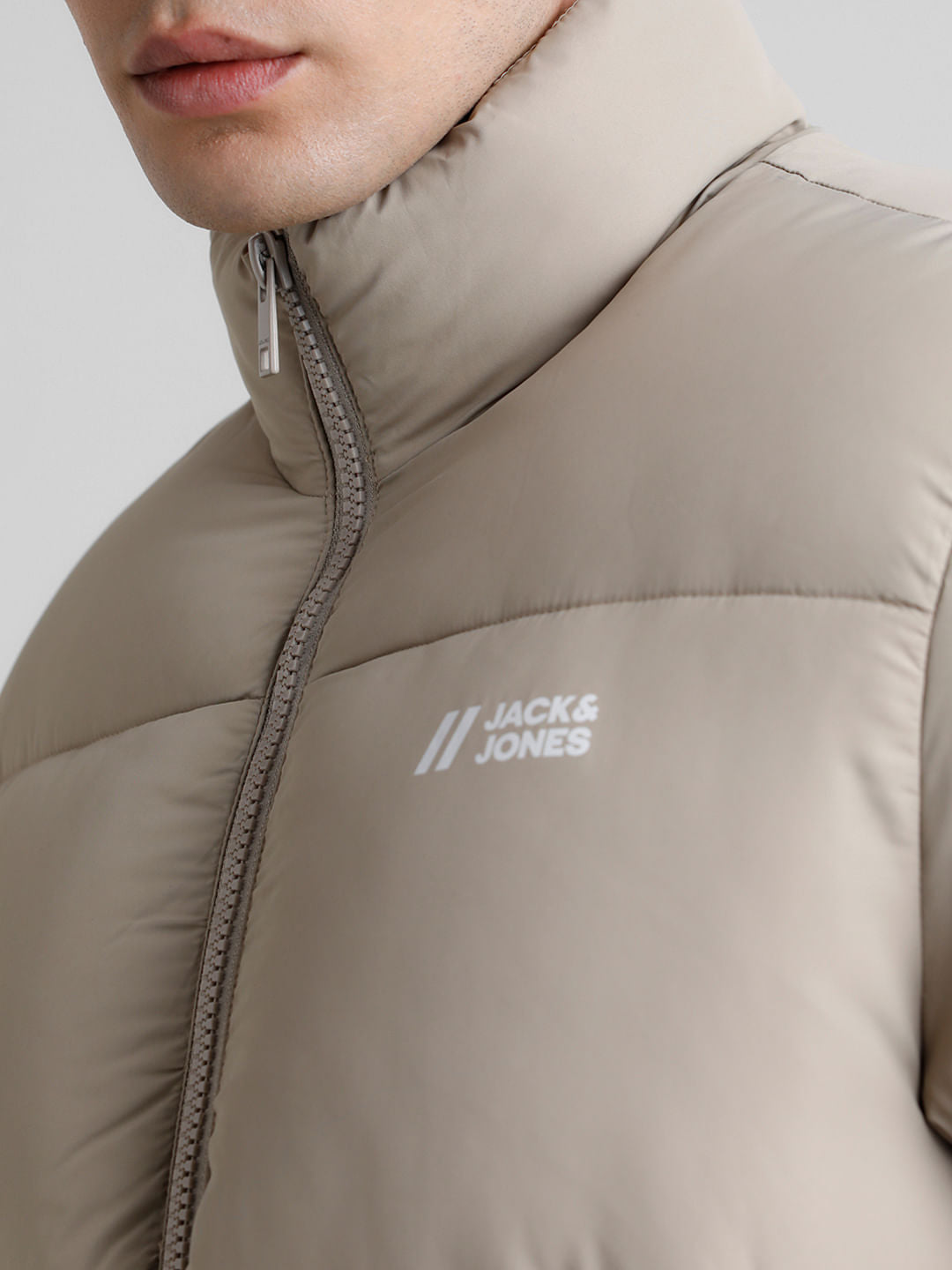 Beige High Neck Puffer Jacket