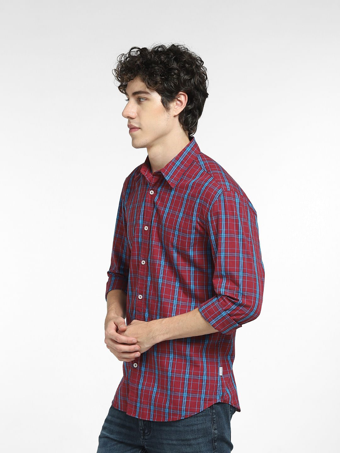 Dark Red Check Full Sleeves Shirt