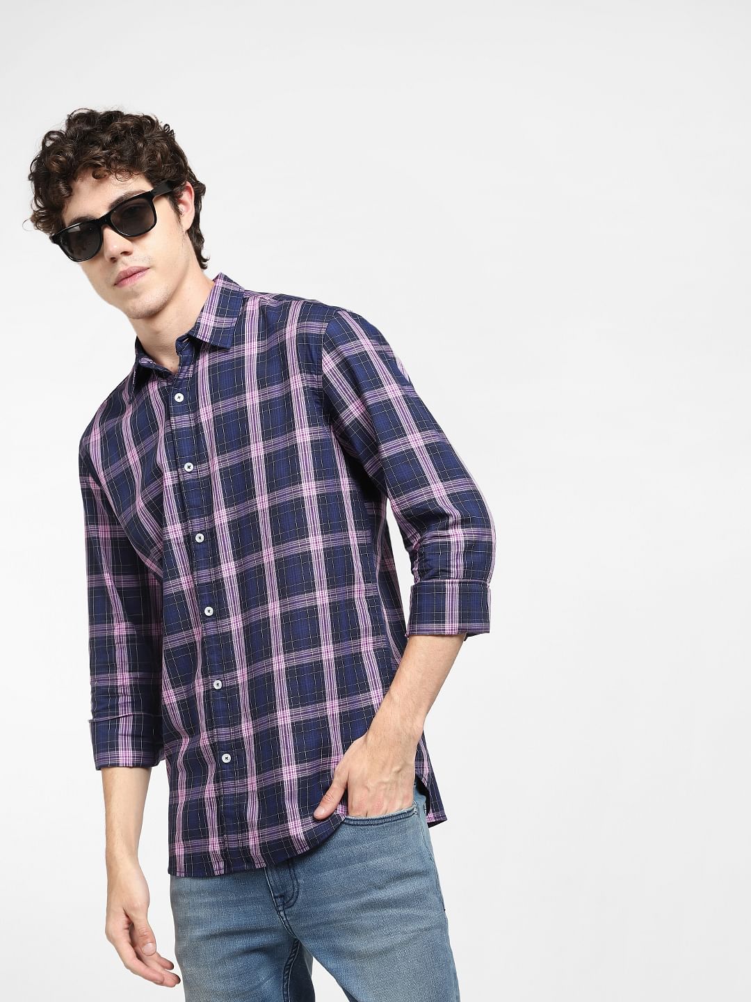 Navy Blue Check Full Sleeves Shirt